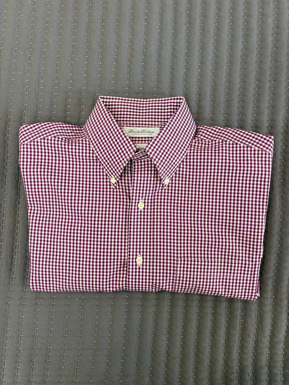Brooks Brothers Non-Iron Gingham Button Down Shirt - Men Maroon/White 15.5 34/35